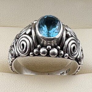 Sterling Silver Scroll BA SUARTI 1 Ct. Blue Topaz Ring Size 8.75 Bali Indonesia